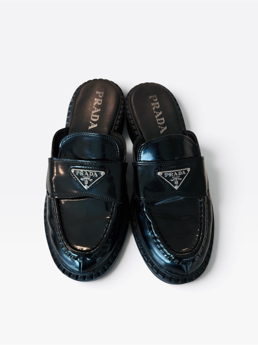 Prada Black Patent Leather Slip-On classic prada logo slides mules - Picture 9 of 12